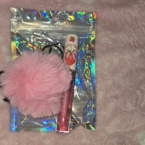 Pink Fluffy Keychain and Lip Gloss Set